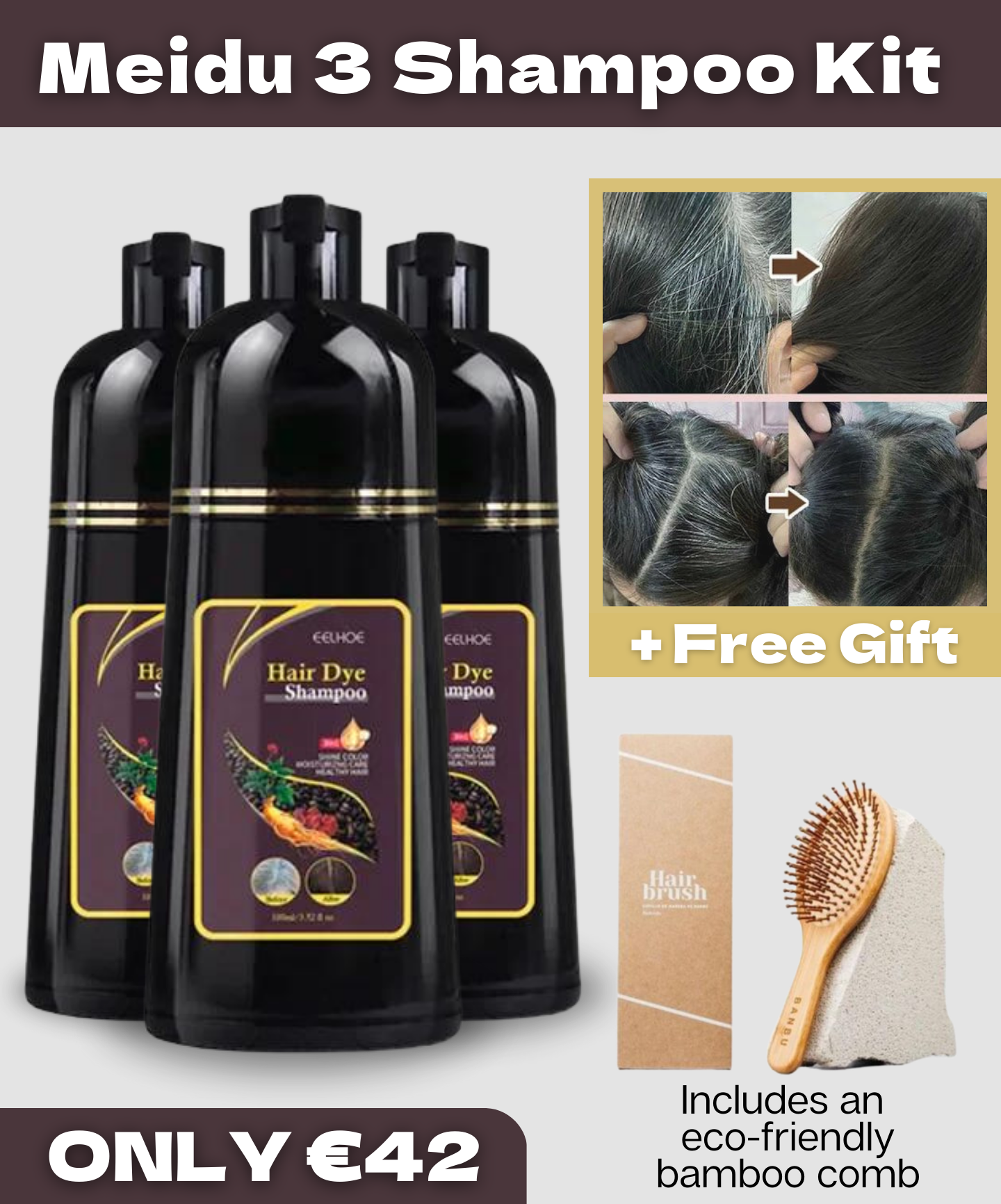 3-in-1 Shampoo for White Hair + Complimentary Eco-Friendly Bamboo Comb